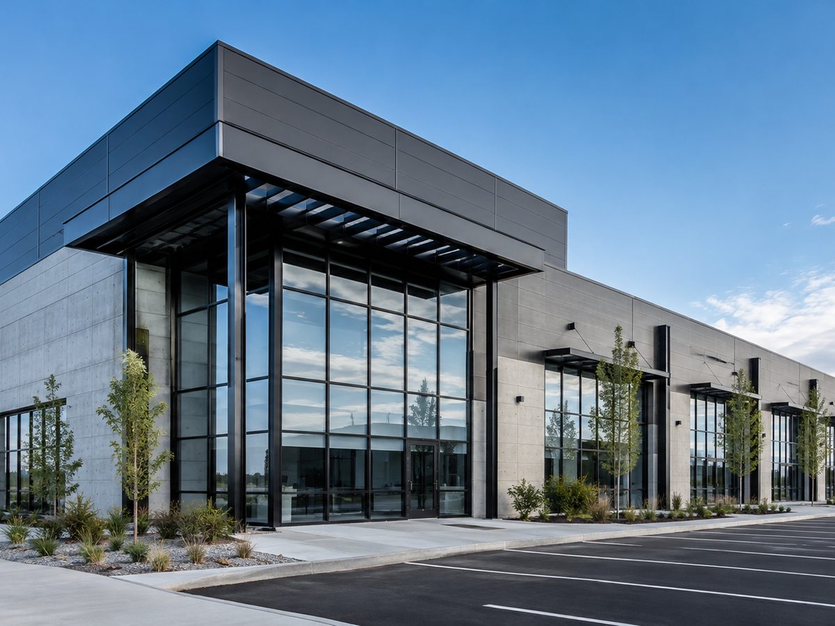 Modern commercial construction project with glass entrance