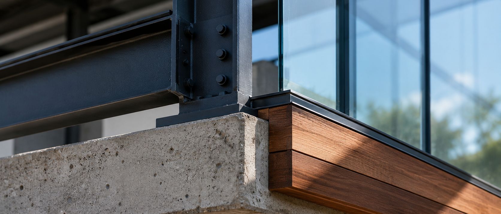 Close detail of concrete, steel, glass and wood construction materials