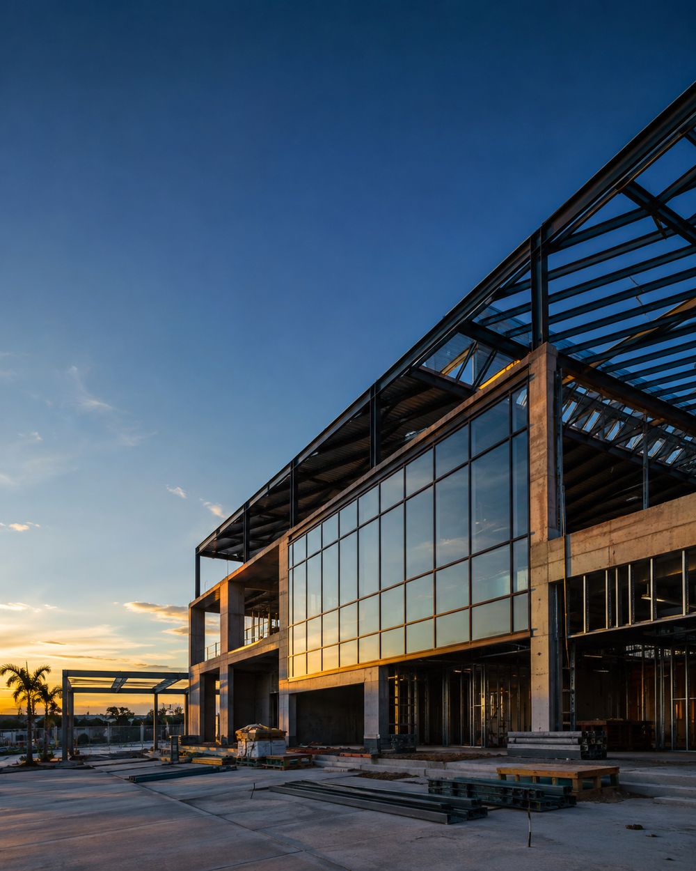 Modern commercial construction project at dusk — Innova Builders LLC
