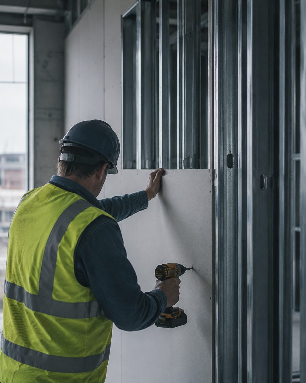Técnico instalando tablaroca sobre estructura metálica interior