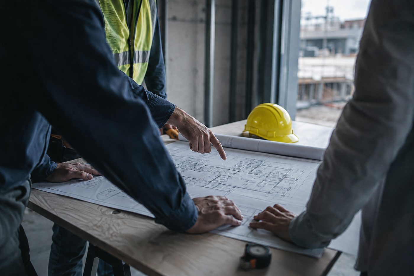 Equipo revisando planos de construcción en una mesa de obra